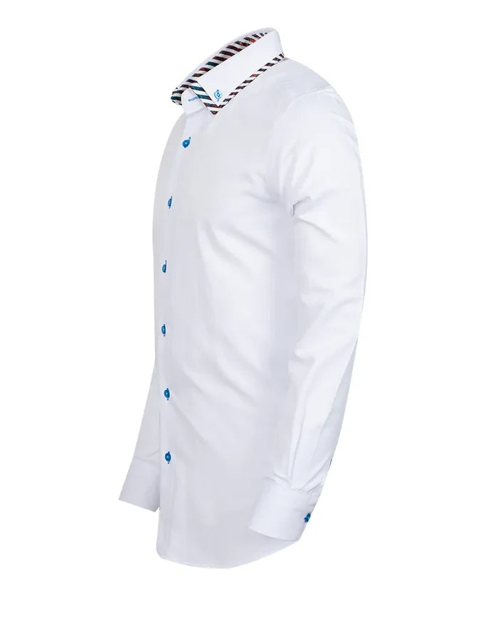 White Plain Contrast Stripe Collar and Cuffs Long Sleeve Shirt-Makrom