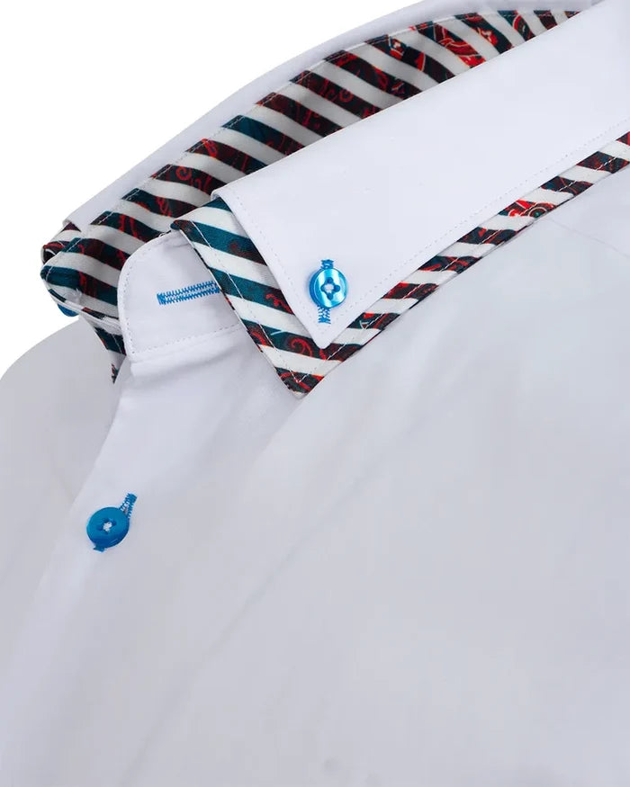 White Plain Contrast Stripe Collar and Cuffs Long Sleeve Shirt-Makrom
