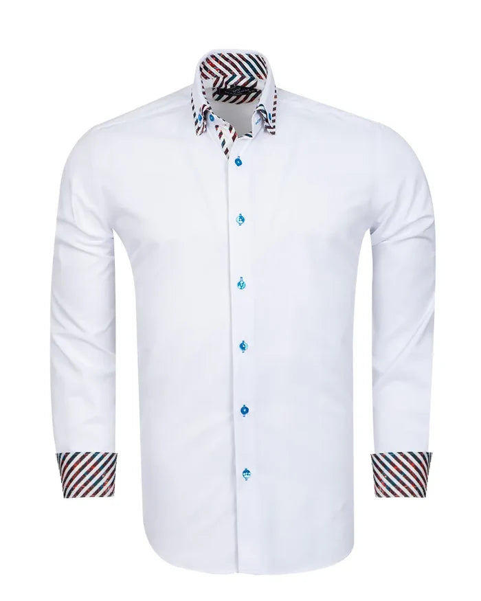 White Plain Contrast Stripe Collar and Cuffs Long Sleeve Shirt-Makrom
