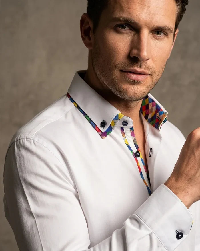 White Plain Double Collar Shirt with Multicoloured Trim