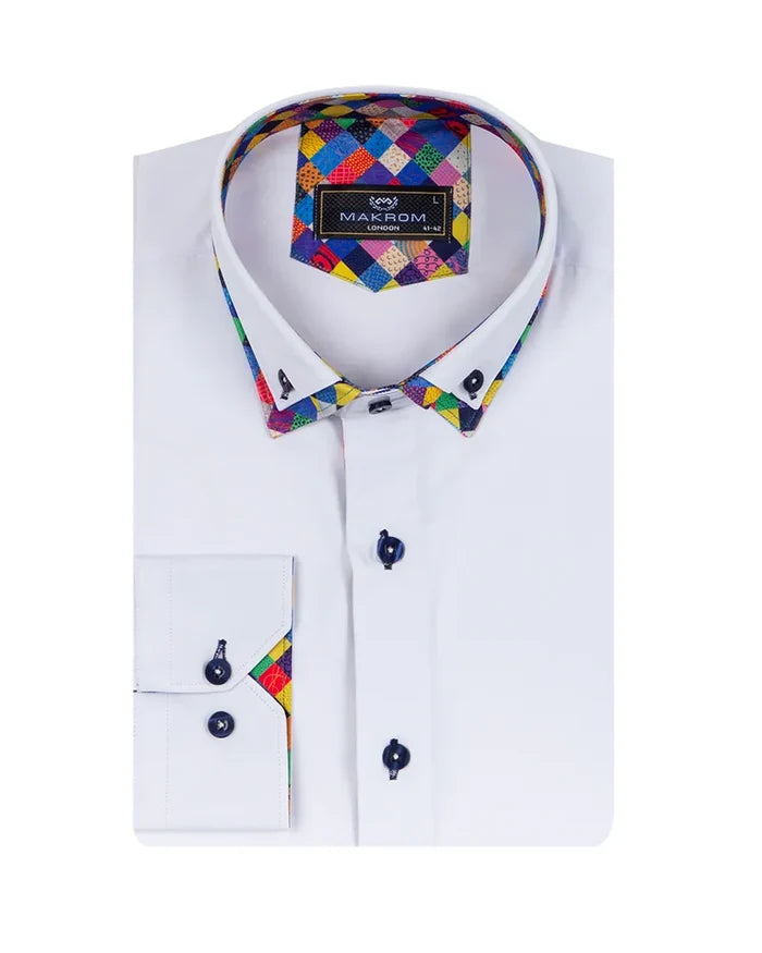 White Plain Double Collar Shirt with Multicoloured Trim-Makrom