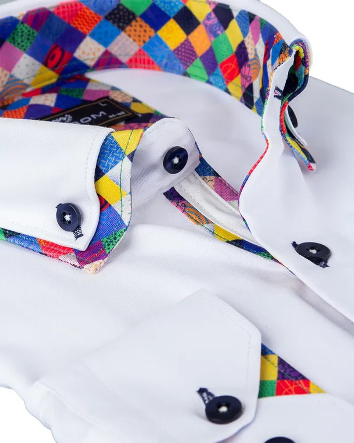 White Plain Double Collar Shirt with Multicoloured Trim-Makrom
