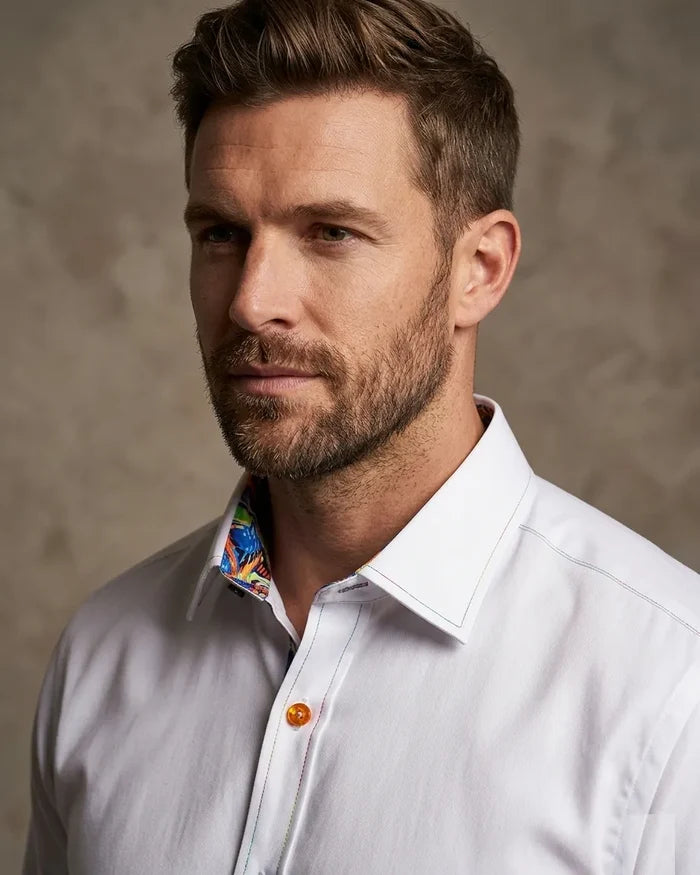 White Plain Panel Colourful Print Collar Tip Shirt