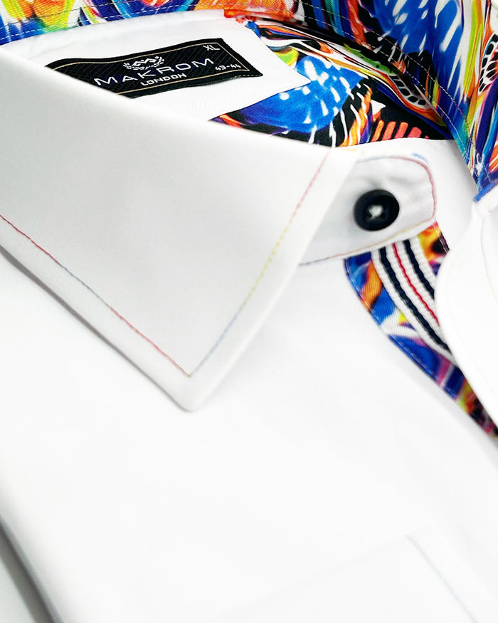 White Plain Panel Colourful Print Collar Tip Shirt-Makrom