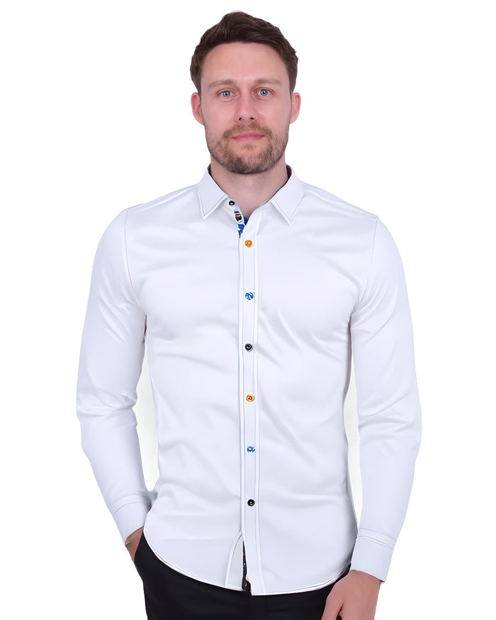 White Plain Panel Colourful Print Collar Tip Shirt-Makrom