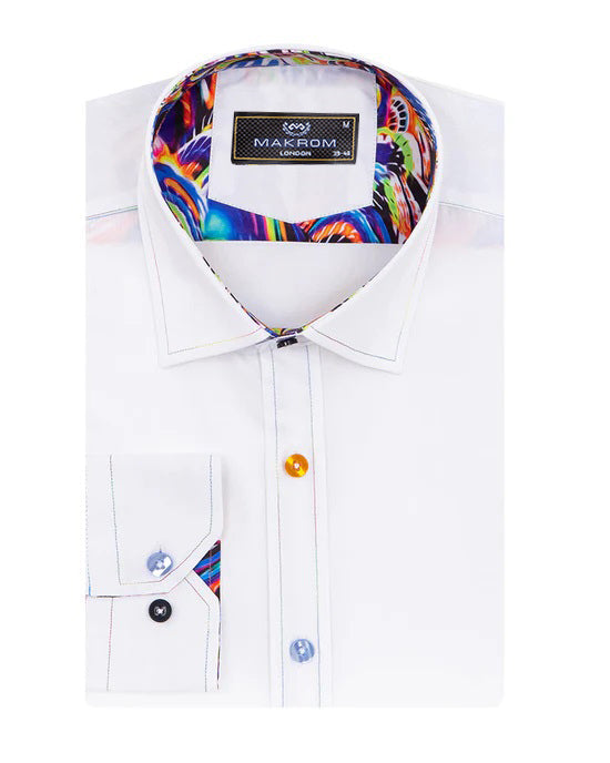 White Plain Panel Colourful Print Collar Tip Shirt-Makrom