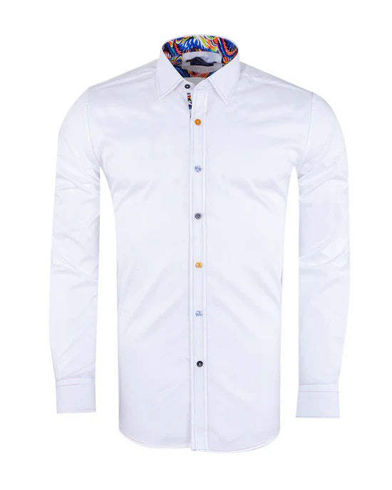 White Plain Panel Colourful Print Collar Tip Shirt-Makrom
