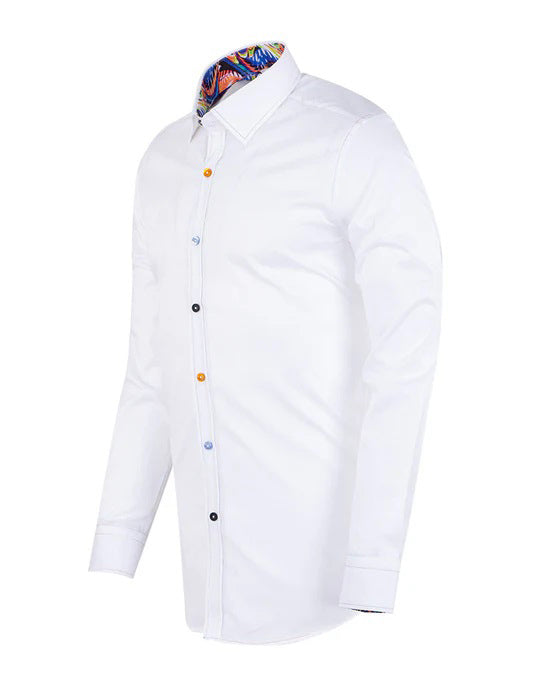 White Plain Panel Colourful Print Collar Tip Shirt-Makrom