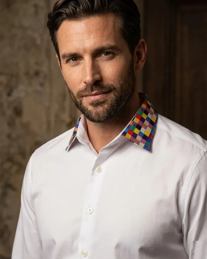 White Plain Shirt with Multicoloured Trim