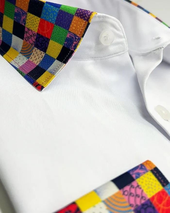 White Plain Shirt with Multicoloured Trim-Makrom