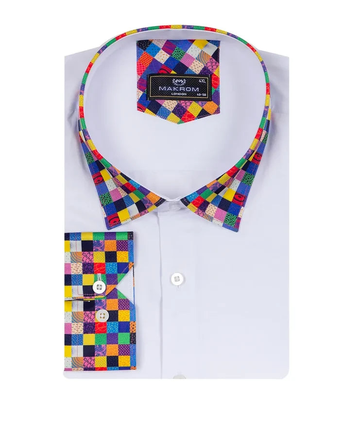 White Plain Shirt with Multicoloured Trim-Makrom