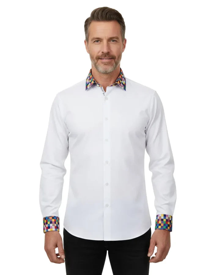 White Plain Shirt with Multicoloured Trim-Makrom
