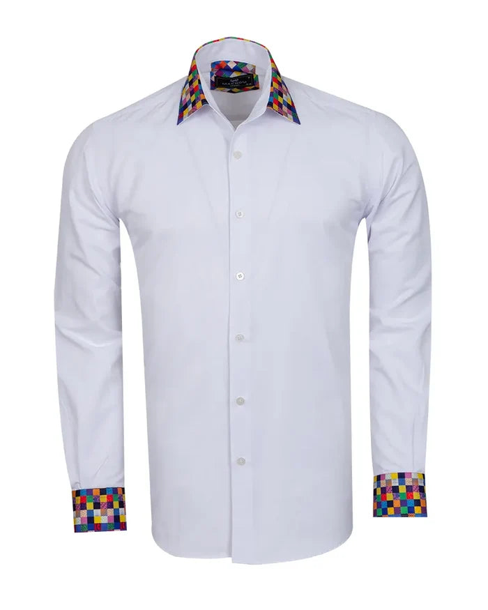 White Plain Shirt with Multicoloured Trim-Makrom