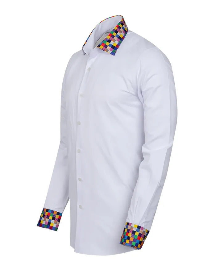 White Plain Shirt with Multicoloured Trim-Makrom