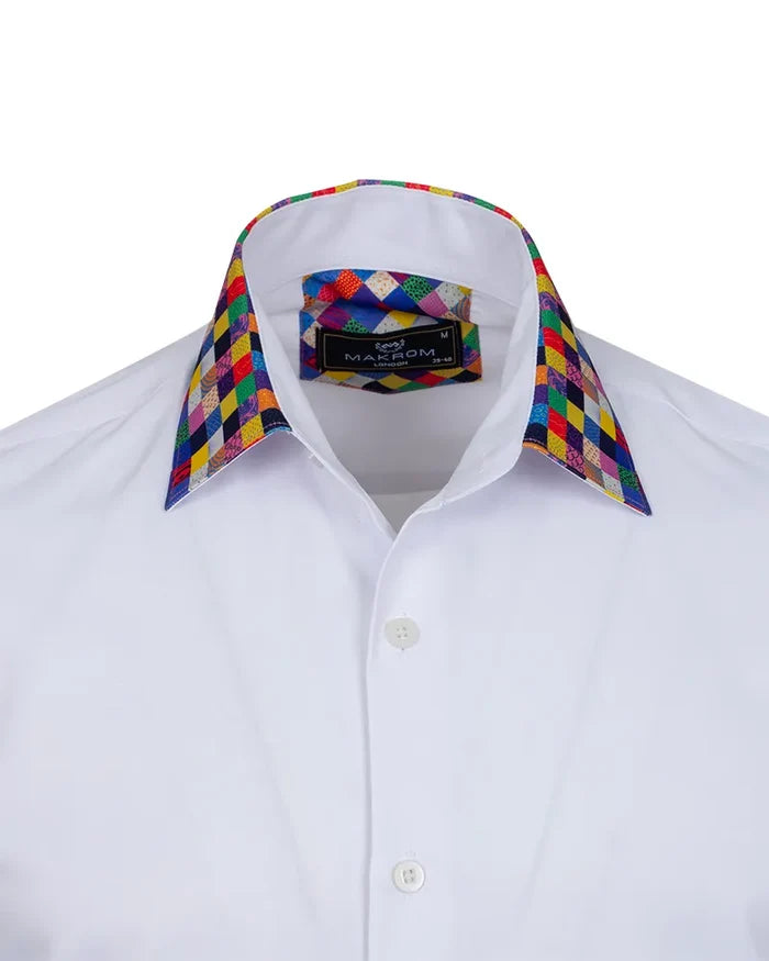 White Plain Shirt with Multicoloured Trim-Makrom