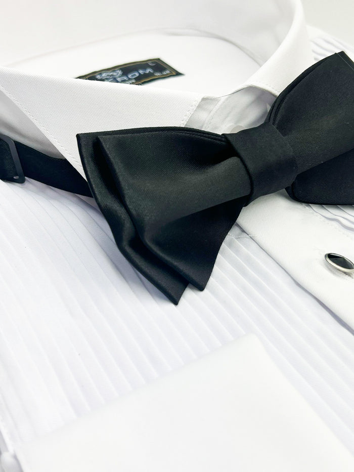Black Pleated Dress Shirt with Bow Tie-Makrom