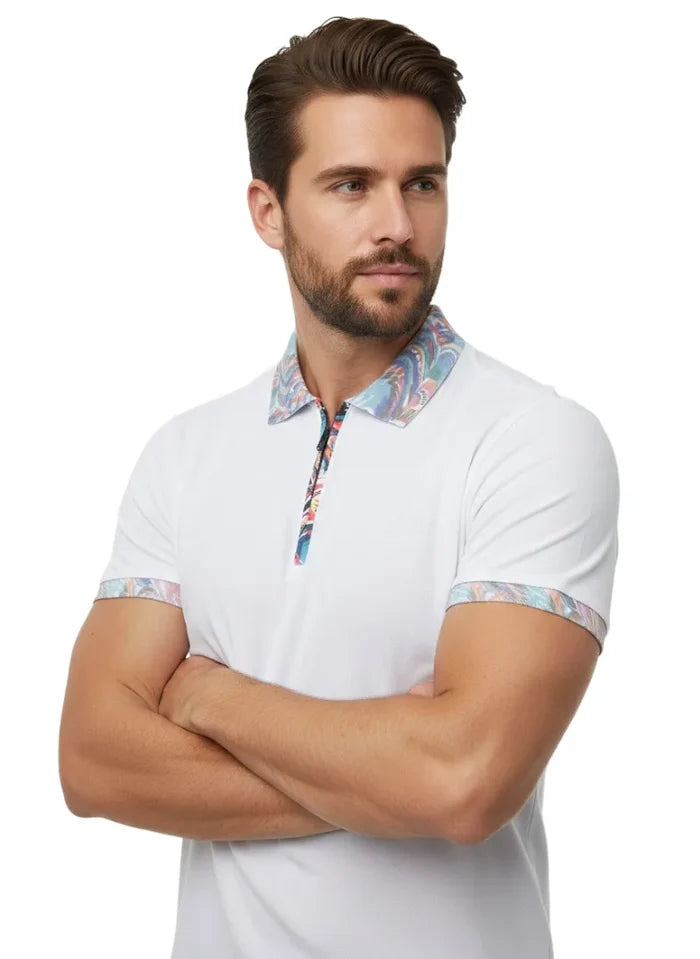 White Polo T-Shirt With Paisley Collar-Makrom