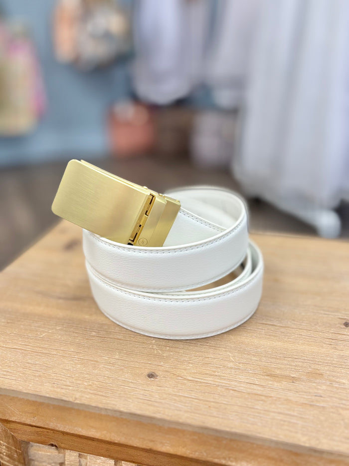 White leather belt with gold buckle.