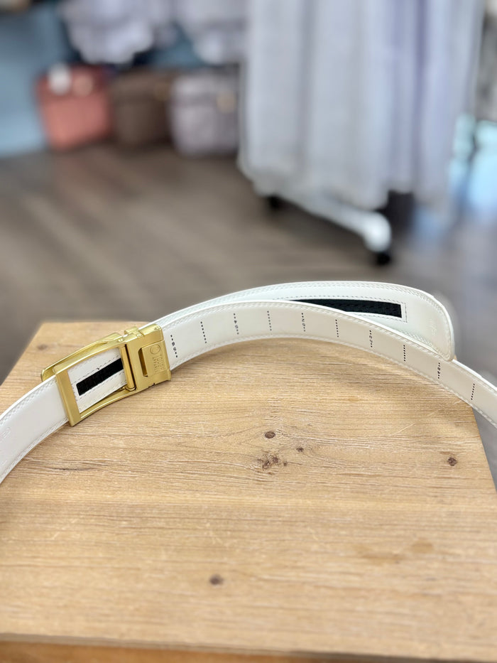 White leather belt with gold buckle.