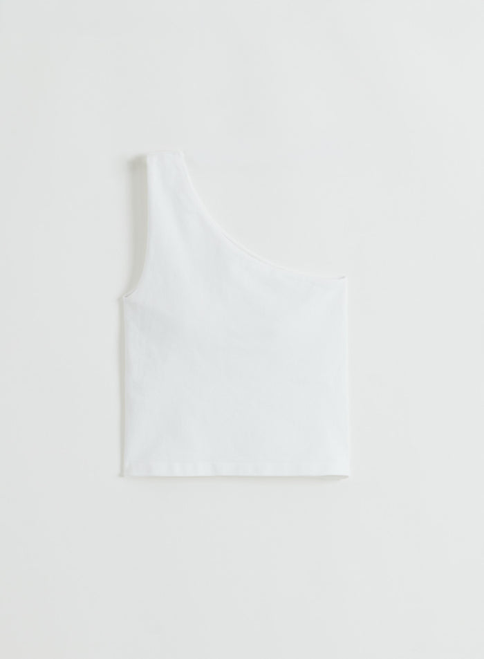 Valkoinen aim'n Shape Seamless One Shoulder Bralette flatlay-kuvassa.