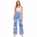 Wide leg jeans for women with distressed print, raw hem detail, cotton blend structure, and casual streetwear denim fit style