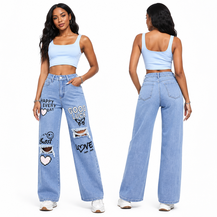 Printed wide leg jeans with raw hem finish, no stretch denim feel, and easy styling for casual weekends and streetwear today.