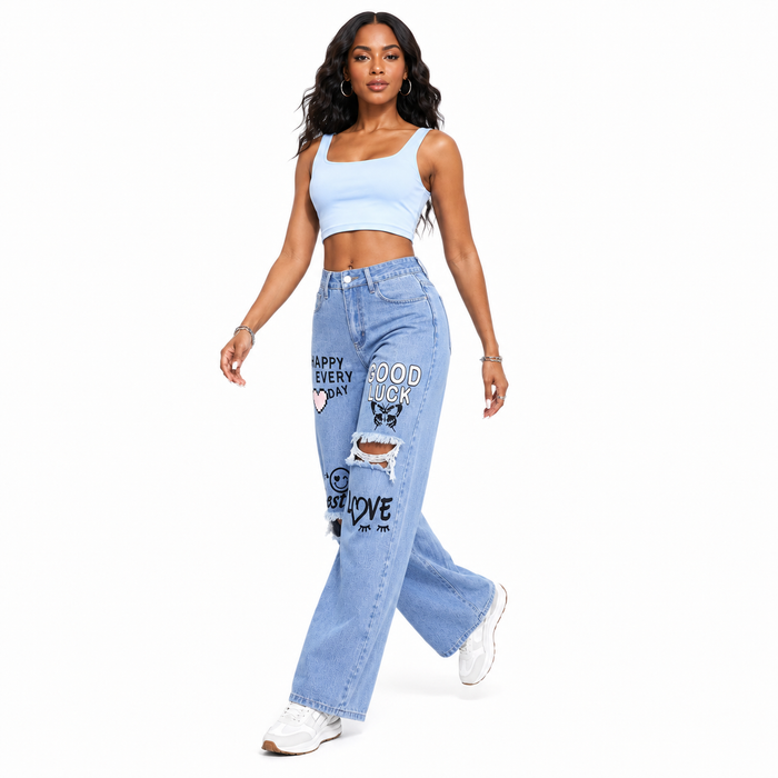 No stretch wide leg jeans for women with raw hem detail, distressed print, and structured cotton blend denim shape for style.