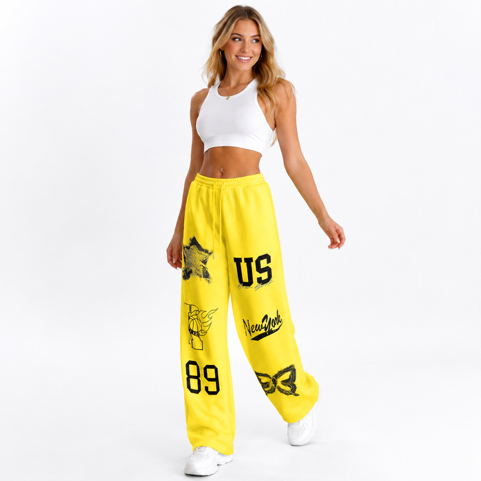 Printed casual sweat pants for women with loose wide-leg shape, mid-waist support and easy styling for lounge or errands now.
