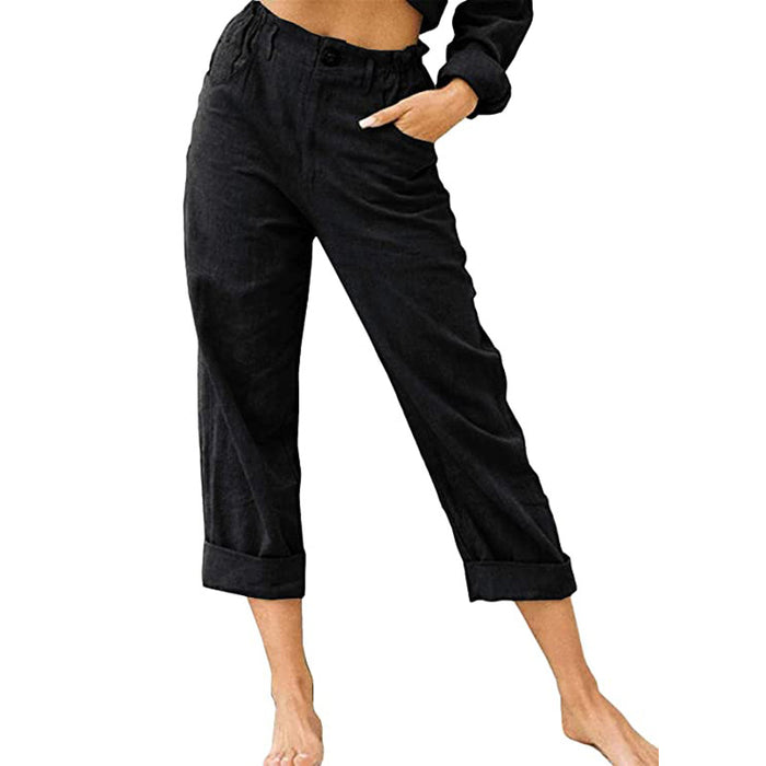 Women loose casual trousers cotton linen lightweight breathable pants high waist drawstring design
