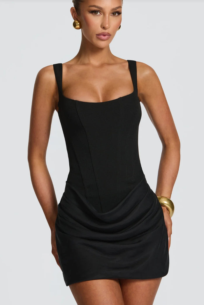 black fitted bodycon dress back view waist definition collage construction premium quality
