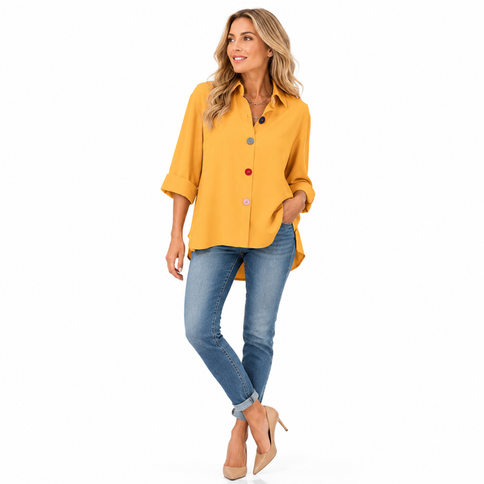 Yellow women's button down shirt shown in a clean full-body studio pose with a loose fit and colorful front buttons.