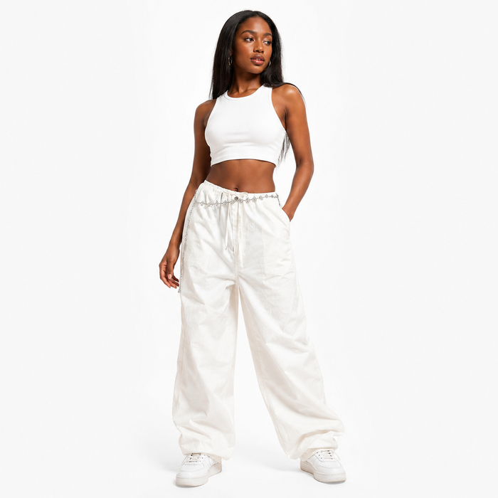 Women's cargo pants drawstring in black with loose full-length fit, pocket detail, and street fashion utility styling online.