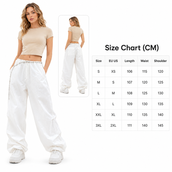 White women's cargo pants drawstring style with low-rise waist, loose fit, full length cut, and thin polyester fabric finish.