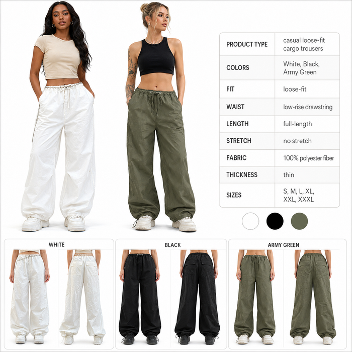 Army green women's cargo pants with drawstring waist, pockets, draped workwear look, and relaxed street outfit feel for wear.