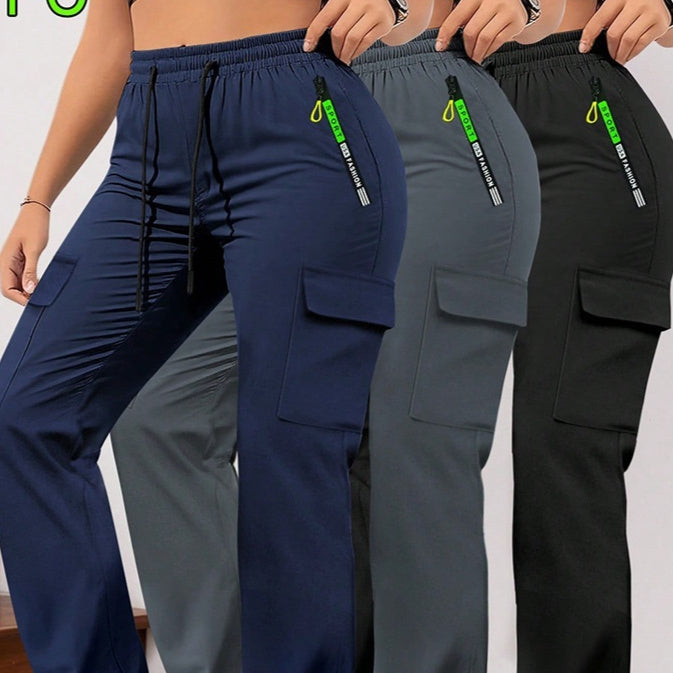 Three pairs of cargo pants in blue, gray, and black with visible zippers.