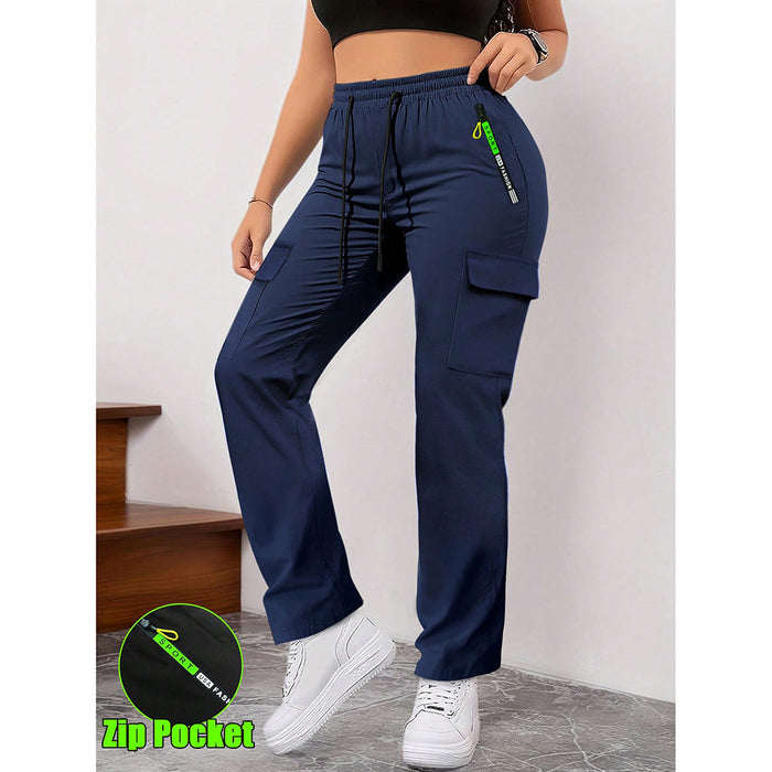 Person wearing navy cargo pants with a visible brand logo on a light gray background
