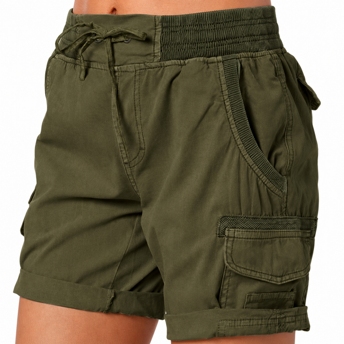 Quality women's cargo shorts with elastic waistband, drawstring tie, neat seams and practical workwear-inspired pockets