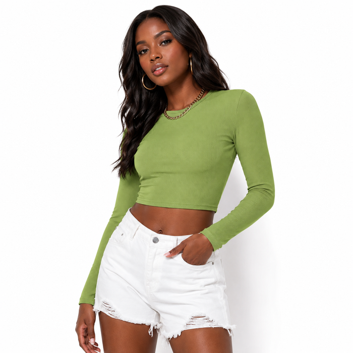 Women's green cropped long sleeve top shown from the front on an adult model against a clean white studio background.