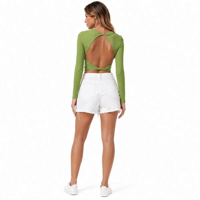Women's green cropped long sleeve top shown from the back with the open-back twist detail on a clean white studio background.