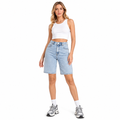 Women's denim capri pants in a high-waisted wide-leg design with cropped length and polished patterned finish for daily looks