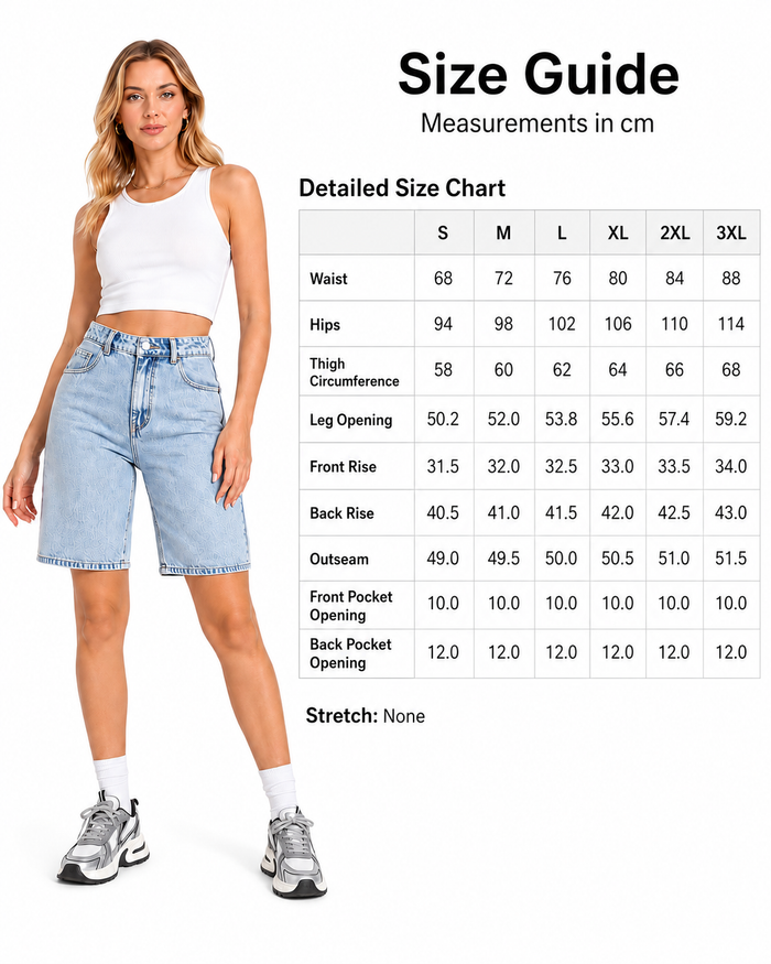 Women's denim Bermuda shorts size guide with model, high-waist fit, detailed measurements and non-stretch fabric information.
