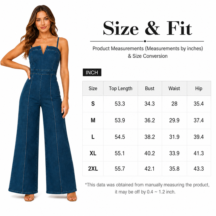 Women's dark blue wide-leg jumpsuit size chart showing product measurements in inches for S through 2XL.