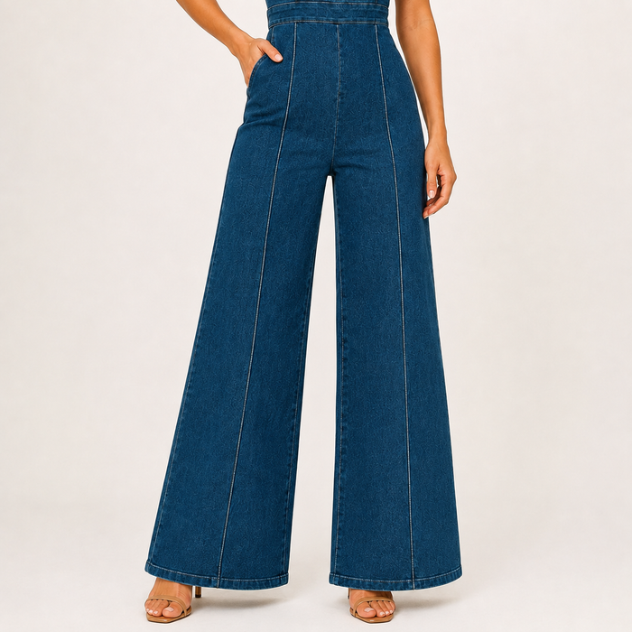 Close product view of the women's dark blue jumpsuit highlighting the waist, vertical seams, wide legs, and hem.