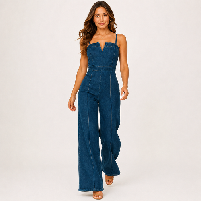 Women's dark blue wide-leg jumpsuit shown in a walking studio pose highlighting the front seams and leg movement.