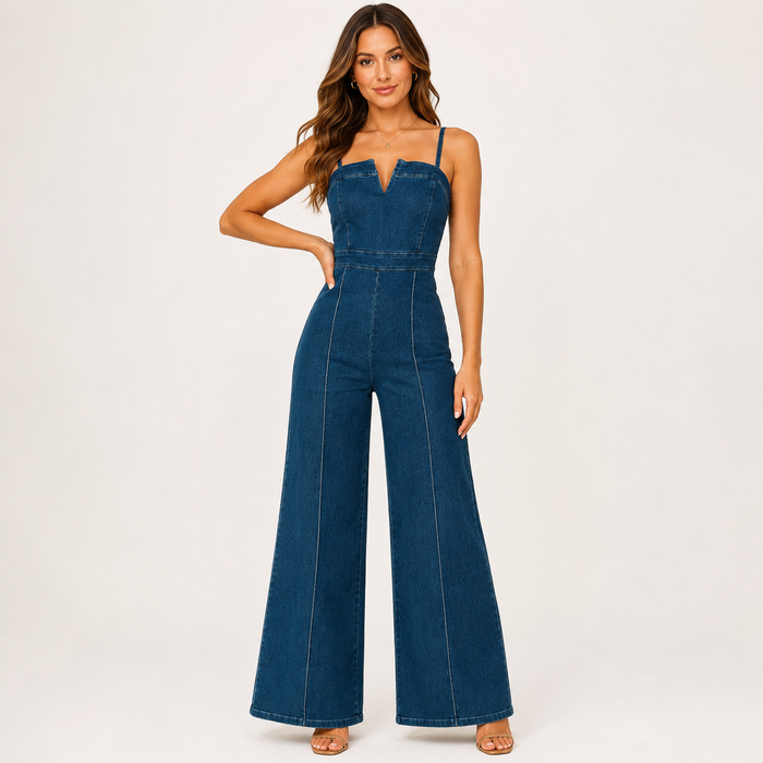 Women's dark blue wide-leg spaghetti-strap jumpsuit shown full length in a clean studio product view.