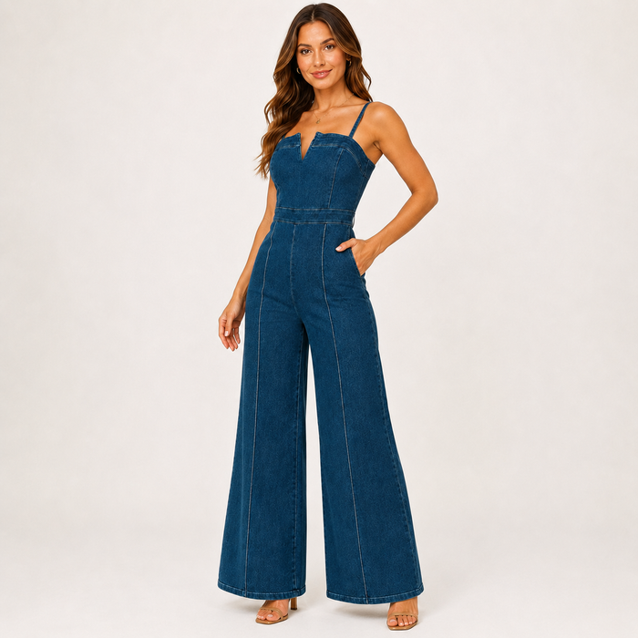 Women's dark blue wide-leg jumpsuit in a three-quarter studio pose showing the fitted bodice and long legs.