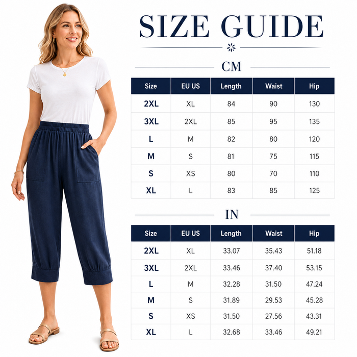 Women's relaxed fit cropped pants in polyester, with elastic mid-rise waist, large pockets, and solid-color commuter styling.