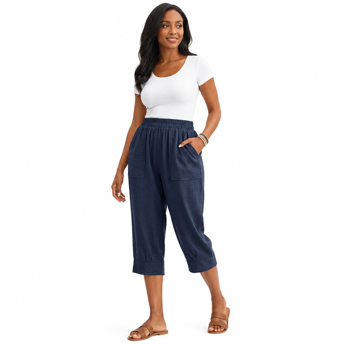 Women's polyester cropped pants with large pockets, mid-waist design and relaxed fit for daily commuting and easy daily wear.