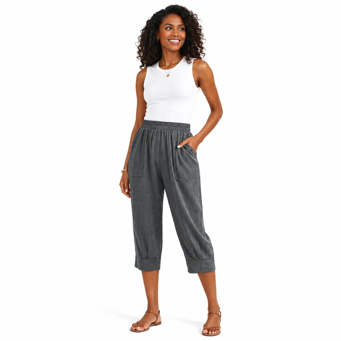 Women's elastic waist pants shown in relaxed cropped cut with practical pockets and slight stretch for easy everyday styling.