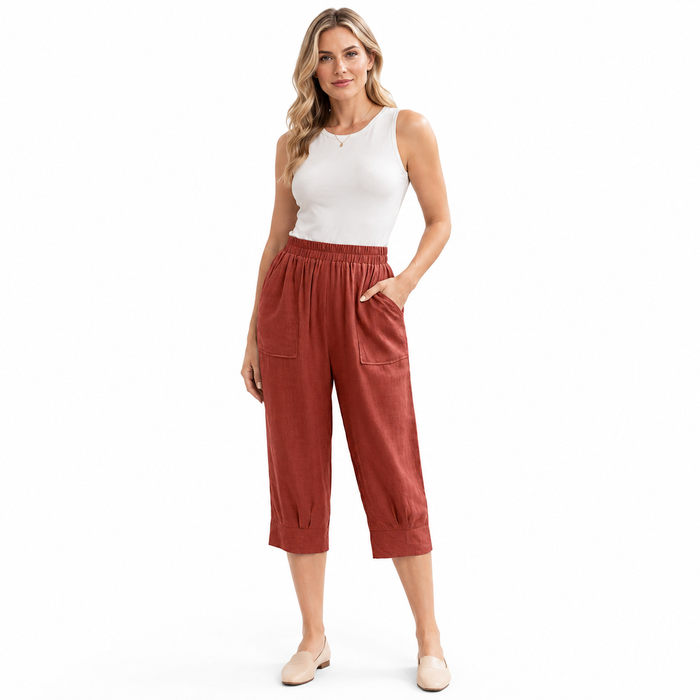 Women's casual cropped pants with elastic waist, roomy pockets, slight stretch, and relaxed silhouette for work and weekends.